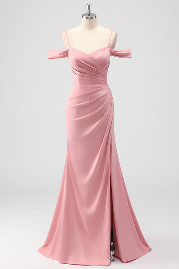 Blush gaine épaule froide satin longue robe de demoiselle d’honneur